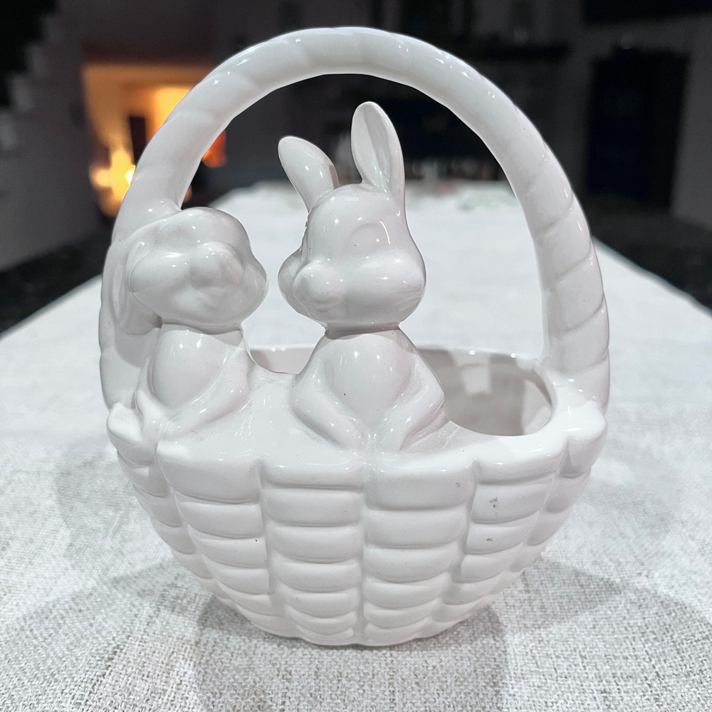 Vintage Rare Dept 56 Vintage White Ceramic Bunny Easter Basket Planter Figurine
